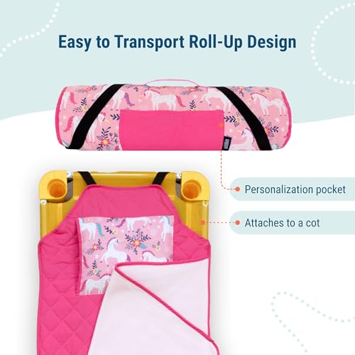 Image of Wildkin Modern Kids Nap Mat with Pillow for Girls - Cotton Blend, Elastic Straps, Toddler Sleep Mat for Daycare, Preschool, Kindergarten & Travel, Ages 3-7, Machine Washable - Magical Unicorns