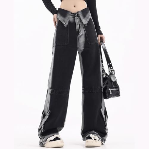 Y2K Gothic Style Harajuku Kawaii Fashion Casual Loose Wide Leg Vintage Color Blocking Denim Pants for Women3