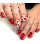 TULOBI Christmas Red & White Press on Nails Short Almond Fake Nails Glossy Full Cover Acrylic Nai...