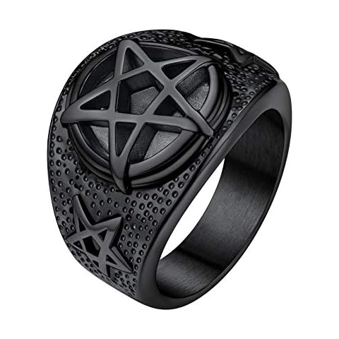 FaithHeart schwarz Fingerring für Herren Jungen Retro Siegelring Punk Gotik Pentagramm Fingerring in Größe 59.5 für Geburtstag Weihnachten Cover