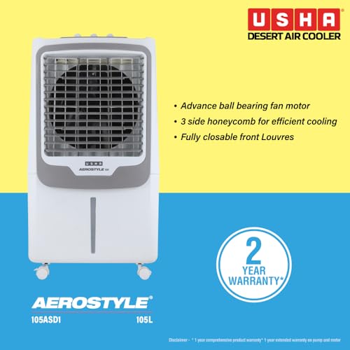 Image of Usha Aerostyle 105L Desert Cooler for Home | For Larger Room | Big Ice Chamber | 3 Side honey comb for better cooling |Humidity Control for auto drain| Dust Filter| Works on Inverter| Castor Wheels