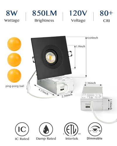 Image of 6 Pack 4 Inch Square LED Recessed Lighting, 8W Black Sloped Ceiling Recessed Light Fixture, 360 Eyeball Wafer Light for Directional Lighting, 5CCT Gimbal Downlight, 4 Inch 6 Pack Black