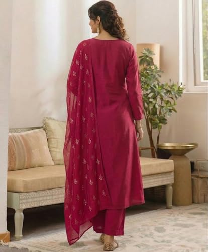 Image of ANNI Designer Women's Viscose Straight Printed Embroidery Kurta with Pant & Dupatta | Long Sleeve Ethnic Kurta Set for Women | Casual Office, Daily, Party Outfits