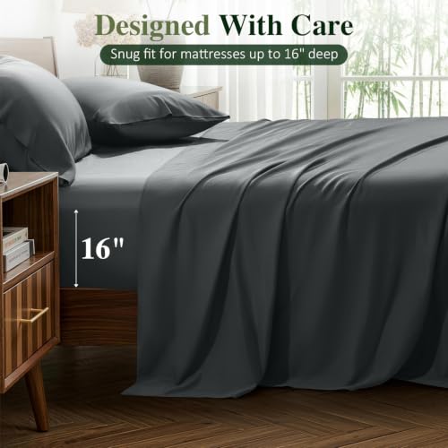 Image of 100% Organically Grown Bamboo Viscose King Sheet Set with Pockets on Side | Hotel Luxury Bed Sheets Set, Deep Pocket Up to 16 Inches, Ultra Soft Cooling Sheets 4pcs (Dark Grey)