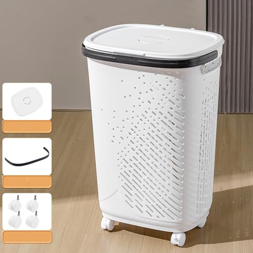 Panier à linge à roulettes haut blanc pour éviter le mal de dos lors de la lessive