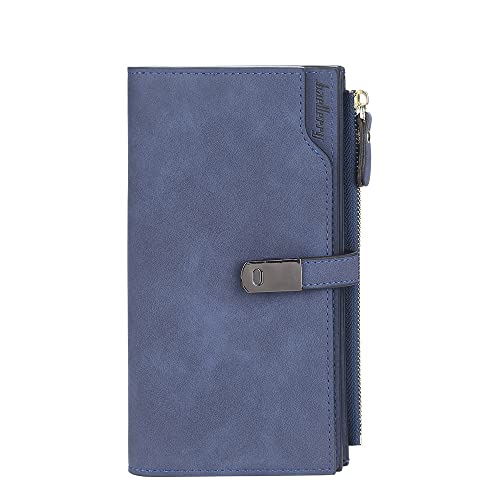 Women's Faux Leather Wallet, 26 Card Slots, 1 Zipper Pocket,3 Fold Large Capacity,Instant Magnetic Buckle,Handhold Long Purse For ID Card Bank Card Money Organization(6.26x4.15in) (Navy)