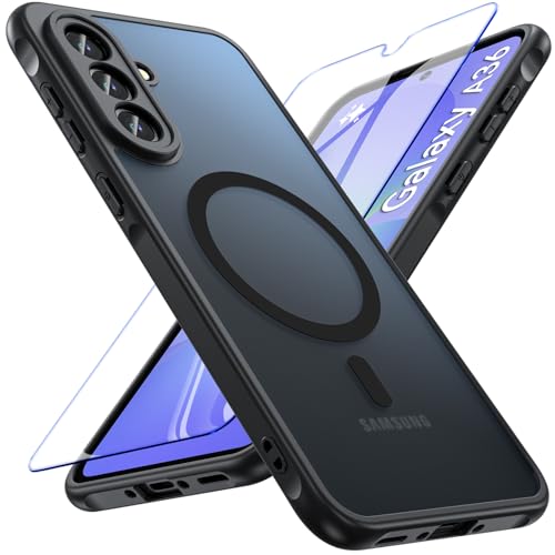 OWKEY für Samsung Galaxy A36 Hülle, Magnetisch Handyhülle für MagSafe mit Schutz Glas Dünn Militärschutz Schutzhülle Case für Samsung Galaxy A36 (Schwarz) 1