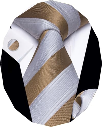Image of YourTies Striped Ties for Men Classic Woven Silk Necktie with Handkerchief Cufflinks Set Formal Business Party Wedding