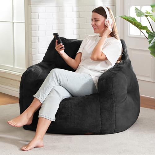 Image of Hobestluk Bean Bag Chair for Adult Small Bean Bag Chairs with Arms Furry Beanbag Chair with Foam Filler Stuffed Bean Bag Sofa for Reading in Bedroom Living Room and Dorms (Black)
