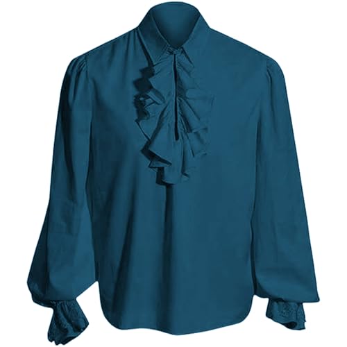 Limtula Camisa medieval para hombre, disfraz de pirata, renacentista, victoriano, vampiros, Halloween, pirata medieval, azul, L
