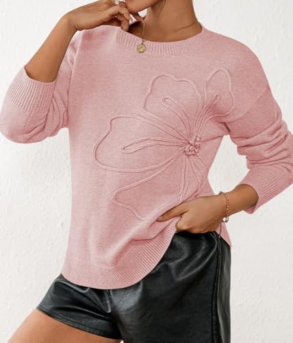 Pink Queen 2025 Women's Crew Neck Long Sleeve Pullover Sweater Ribbed Knit Floral Texture Casual Jumpers Tops4