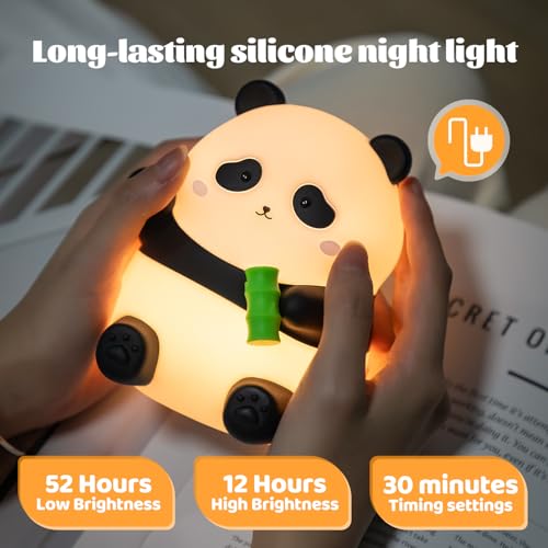 Image of Cute Panda Night Light for Kids, 50-Hour Battery Life Rechargeable Silicone Squishy Lamp, 2 Brightness Settings Tap Control Nursery Light for Baby Room Decor