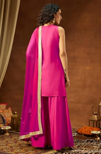 Image of Janasya Women's Chanderi Silk Embellished Straight Kurta With Sharara & Dupatta Set
