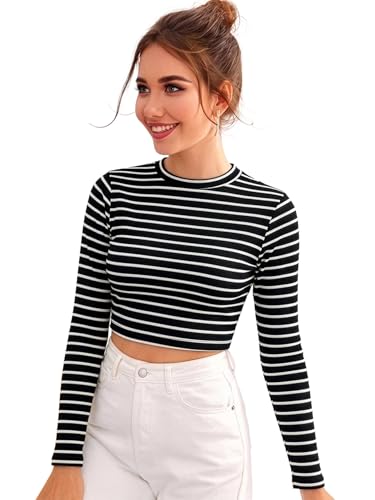 Image of Aahwan Women's 100% Cotton Slim Fit Striped Full Sleeve Crop Top