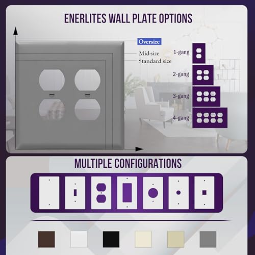 Image of ENERLITES Double Duplex Receptacle Cover, Two Gang Outlet Wall Plate, Oversized 2-Gang 5.5 inch x 5.5 inch, Unbreakable Polycarbonate Thermoplastic, UL Listed, 8822O-GY, Gray