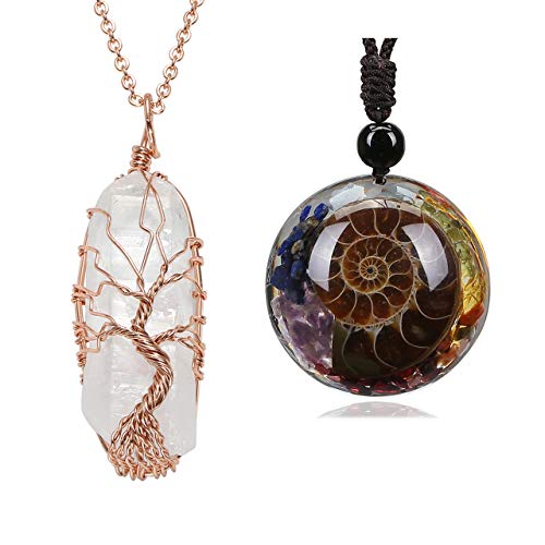Top Plaza Bundle  2 Items: Healing Crystal Gemstone Necklace Rose Gold Tree of Life Wire Wrapped Clear Quartz Point Pendant & 7 Chakra Natural Healing Crystal Stone Pendant Necklace