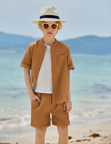 Image of Arshiner Boy's 2 Piece Beach Outfit Short Sleeve Textured Button Down Shirt and Short Sets Summer Vacation Wear 4-12 Years