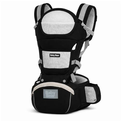 Bolsa Canguru Ergonômica Premium Baby Bear 3 em 1 | Assento Acolchoado| 12 posições | Alças Reguláveis | Bolsos Frontais e Laterais (Preto)