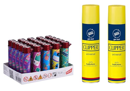 Pack 25 Uds. Mechero Encendedor Redondo Recargable con Piedra recambiable + Pack DE 2 Clipper Gas ISOBUTANO 300 ML para MECHEROS Exclusivo de DISPAU (WARNINGS 25)
