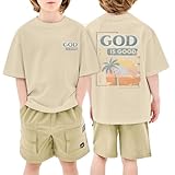 KEEVICI Boys God is Good Shirt Christian Faith Shirts for Kids Jesus Beach Palm Tree Hawaiian Tshirt Graphic Tees Cotton Tops(Apricot,150)
