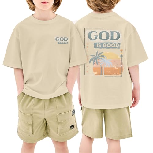 KEEVICI Boys God is Good Shirt Christian Faith Shirts for Kids Jesus Beach Palm Tree Hawaiian Tshirt Graphic Tees Cotton Tops(Apricot,150)