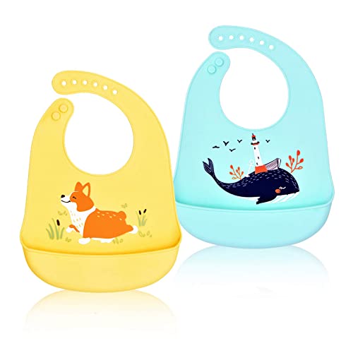 FILOWA 2PCS Bébé Bavoir Silicone Souple Bavette en Silicone Vert Bavoir Plastique Recuperateur Ajustable Enfant Bavoir Silicone Grande Poche Léger Imperméable Animal Baleine Chien Jaune Noël Cadeau