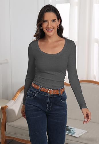 Image of Roselux Womens Long Sleeve Scoop Neck Ribbed Knit Fitted Casual Tops Tee Slim Basic Shirts