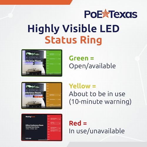 Image of PoE Texas Low Profile 10-Inch Touchscreen Conference Room Scheduler PoE Tablet with Visible LED Status Ring and MeetingPortal App - Touch Screen Digital Display Syncs with Your Business Calendar