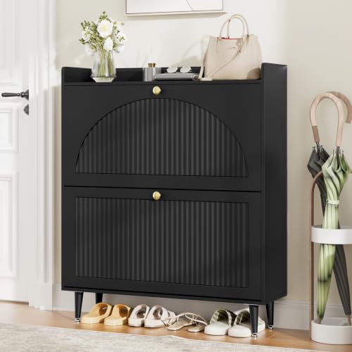 Image of Shoe Storage Cabinet with 2 Flip Drawers, Shoe Organizer Storage with Adjustable Shelves, Freestanding Hidden Slim Narrow Shoe Rack Cabinet for Entryway, Foyer, Hallway, Living Room (Black)