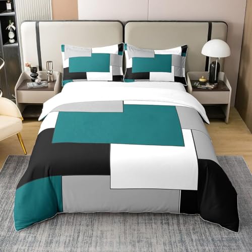 richhome Enfants Turquoise Géométrique Coton Ensemble de literie Art carré Moderne Housse de Couette 220x240cm pour Les Femmes Hommes Chambre Noir Gris...