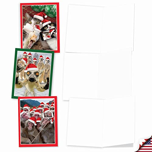 Image of The Best Card Company - 10 Blank Animal Christmas Note Cards - Assorted Bulk Holiday Cards for Men and Women, Fun Wildlife (4 x 5.12 Inch) - Holiday Animal Selfie M2373XSB