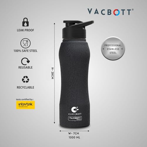 Image of Clay Craft VACBOTT Neo Single Walled Non Insulated Water Bottle-1000ML, 6-Piece(Black) Leak Proof | Easy Grip |Easy To Carry| Gym Bottle | Home | Kitchen | Hiking | Treking Bottle | Travel Bottle