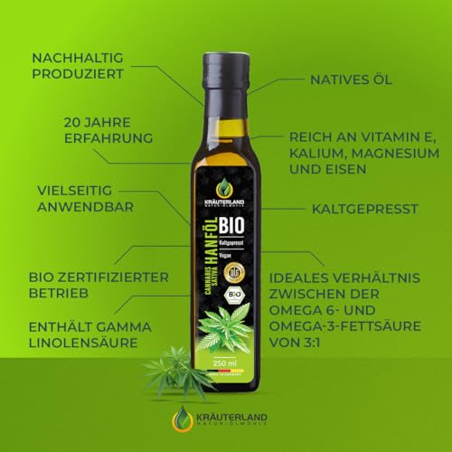 Kräuterland Bio Hanföl 2X250ml (500ml), kaltgepresstes Hanfsamenöl, naturrein ohne Zusatzstoffe, Vegan & GVO-frei, geeignet für Haut & Haare, Premium Qualität
