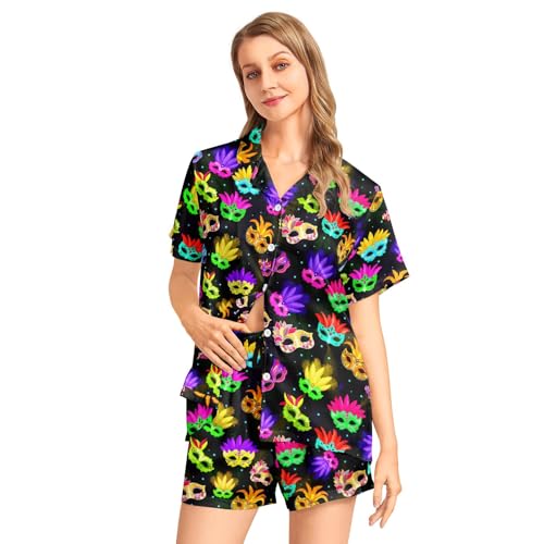 Image of Silk Satin Pajama Set for Women Summer Lounge Pjs Sets 2 Piece Suit Ladies Button Down Tops And Shorts Sleepwear