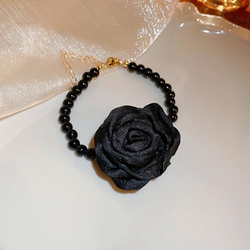 Vintage Imitation Pearl Bracelet with Rose Flower Charm Dainty Pearl Wrist Band Boho Rose Hand Accessories for Women Bridal Wedding Prom Festival2
