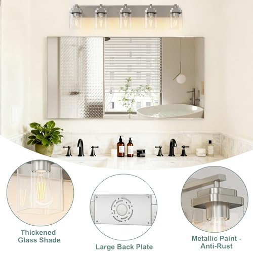 Image of Brushed Nickel Bathroom Light Fixtures, 5 Lights Bathroom Lighting Fixtures Over Mirror, Square Design & Rectangle Large Backplate, Modern Vanity Lighting Fixtures, for Living Room /Bedroom