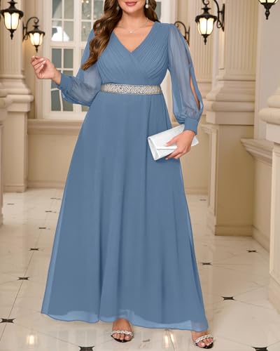 Image of Pinup Fashion Plus Formal Evening Bridesmaid Wedding Guest Fall Long Dress | Chifffon, ruched faux wrap v neck, hollow out long sleeve with buttoned cuffs, beading waist, evening, formal wedding guest