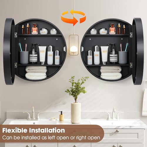 Armario de medicamentos redondo de 20 pulgadas con espejo - Montaje en pared | Espejo con estantes ocultos, marco de madera premium y diseño resistente a la humedad, almacenamiento ahorrador de espacio para baño (negro) miniatura 5