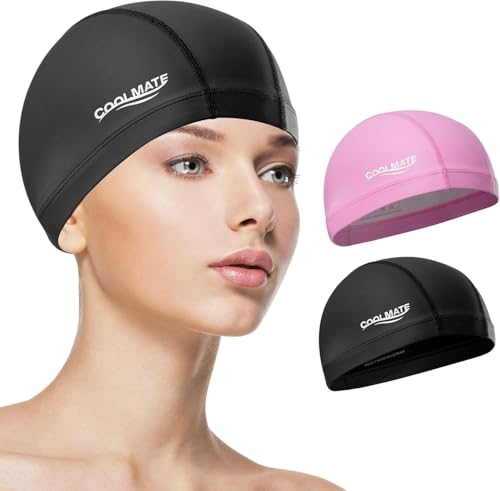 COOLMATE Fabric Swim Cap, Lap Swimming, Black & Light Pink, M, 2 Pack