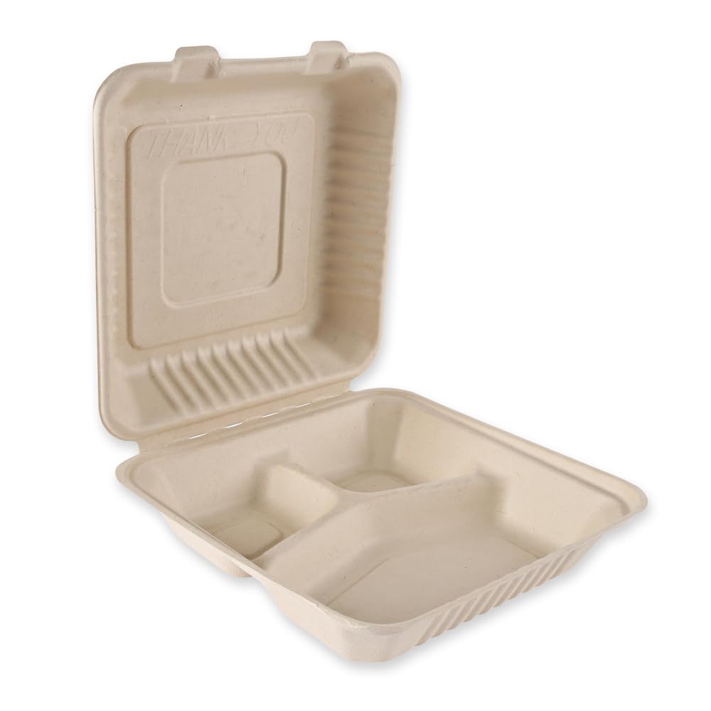 FRANZ MENSCH 25 Stück NATUREStar Menüboxen mit Klappdeckel, 3-geteilt | Zuckerrohr, Packung, natur, V: 1,2l, L: 23cm, B: 23cm, H: 8,5cm, Menüboxen, Lunchboxen, Klappboxen