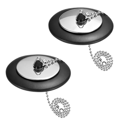 2 Pcs Universal bath plug with Stainless Steel Chain bath plug and chain bath plug replacement 43 mm to 45 mm Drain Stoppers Black Rubber for Bathroom Kitchen(Size 1.7in To 1.77in Chain 15.7in)