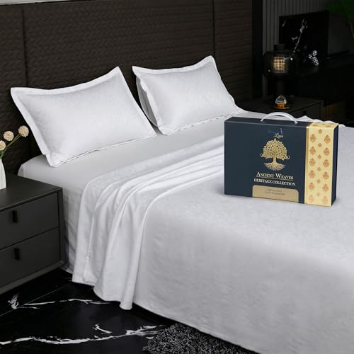 Image of Story@Home Supersoft Long Staple Premium Cotton Compact Yarn King Size Motif Printed Flat Double Bedsheet wih 2 Pillow Cover I 500 TC, 108x108 Inch - White Motif