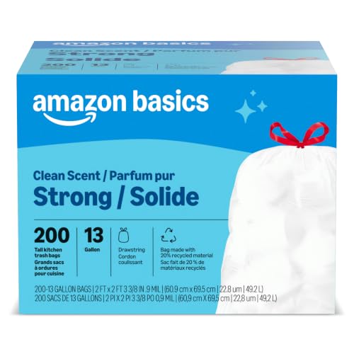 Amazon Basics Scented Trash Bags, Tall Kitchen Drawstring, Clean Fresh Scent, 13 Gallon, 200 Count, Pack of 1, Packaging May Vary