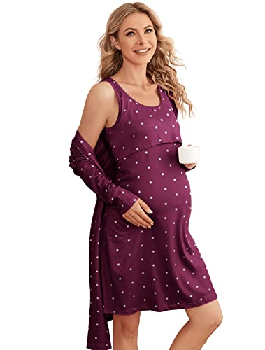 Image of Verdusa Women's Maternity Sleeveless Nursing Nightgown and Robe Set Sleepwear Burgundy XL