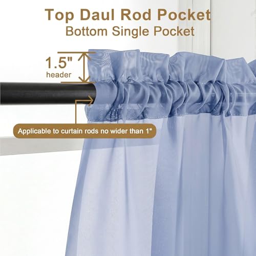 Image of Chyhomenyc Sheer Valances for Windows - Light Filtering Small Window Curtains for Living Room Bathroom Cafe Laundry Basement, Modern Dual Rod Pocket Voile Curtain, 42Wx14L inches, Denim Blue, 2 PCS