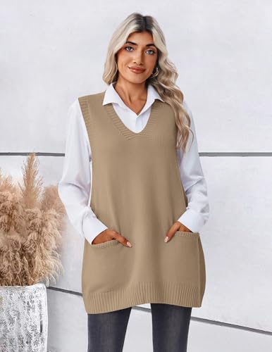 Zeagoo V Neck Sweaters for Women Fall Sleeveless Vest Oversized Knit Wear Business Casual Outfit Khaki2