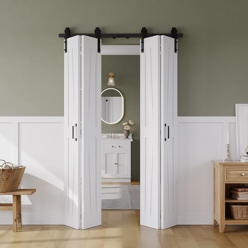 48" x 84" Bifold Sliding Barn Door, K Shaped Panel with Sliding Hardware Kit Set, Finished Closet Door Slab, 4.66FT Track for 4 Doors, MDF, White 48"(24"x2) x 84" White