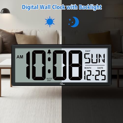 WallarGe Backlight Digital Wall Clock Battery Operated - with Temperature and Date 14.5'' Large Digital Wall Clock, Easy to Read and Set, Auto DST