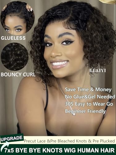 Image of KLAIYI Bye Bye Slip Ombre Chestnut Brown Bob Curly Glueless Precut 7x5 Lace Front Wigs Human Hair Side Part Drawstring Pre Plucked Bleached Knots 30S Ready to Put On and Go Wig with Dark Roots 8Inch