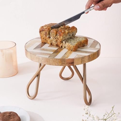 Image of CASADECOR Geometrical Abstract Wood & Metal Pizza Cake Stand Pack of 1 (Diameter-8 Inch) (Wooden Vintage)